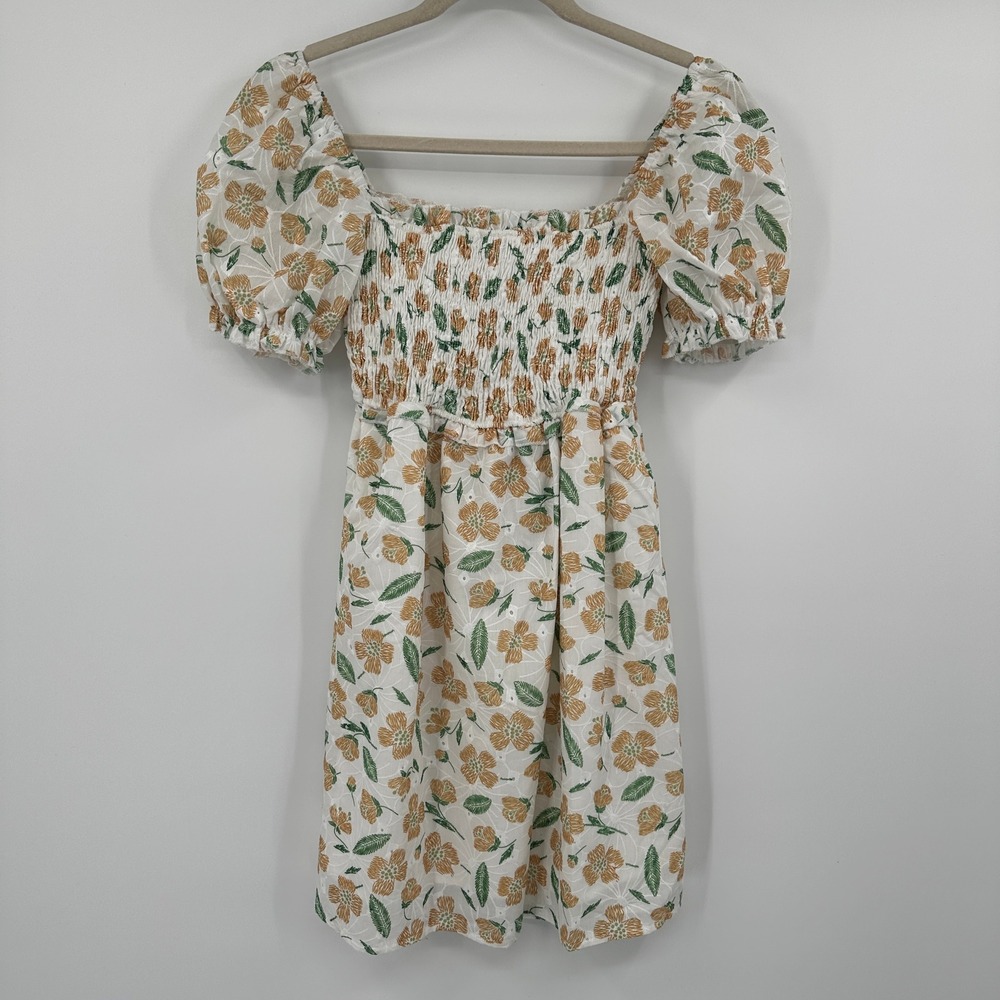 Petal Pup White Floral Smocked Puff Sleeve Square Neck Cutout Mini Dress